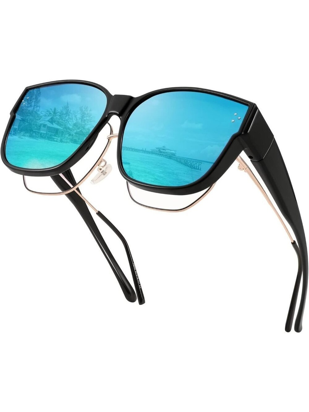 Women's Black Frame & Blue Mirrored Lens Oversized Cat Eye Wear Over Glasses